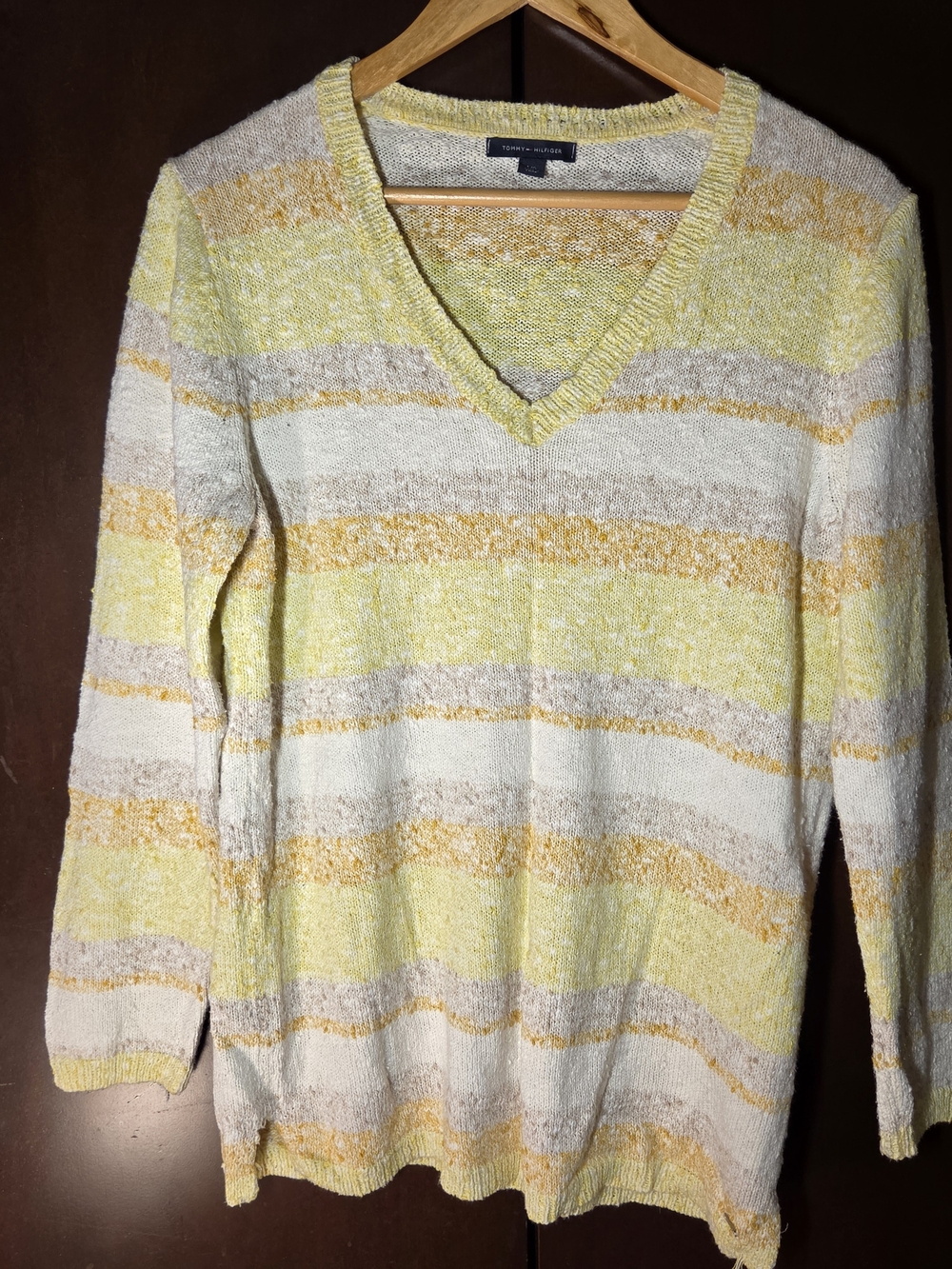 Tommy Hilfiger Yellow, Cream & Tan Striped V-Neck Sweater Women Size Large